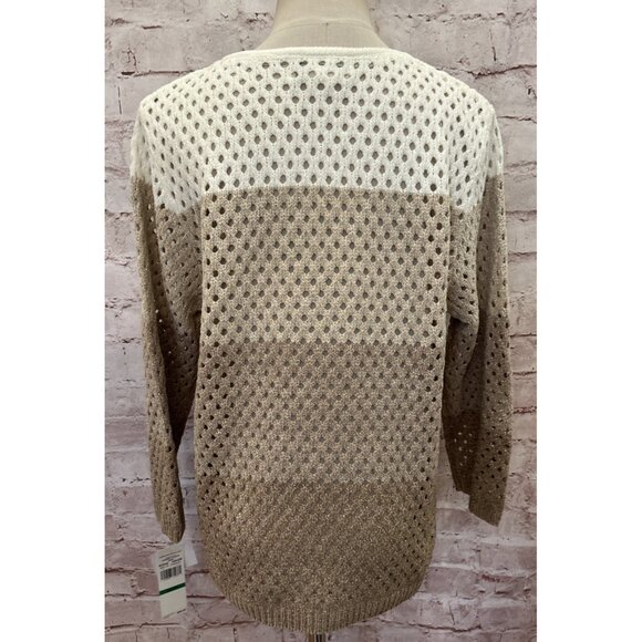 Alfred Dunner Petite PL Chenille Crochet Pullover Sweater & Necklace Beige Tan - Picture 4 of 4